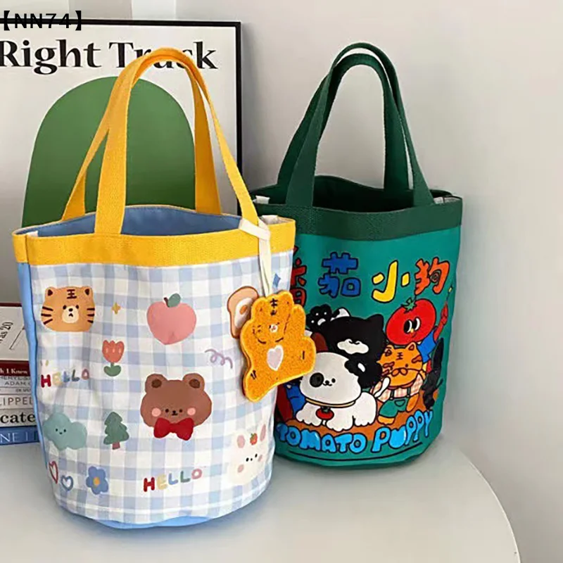 【NN74】Portable Cute Animal Pattern Graffiti Bucket Bag Ins Printed Cylindrical Bag Canvas Bento Bag Handheld Lunch Box Bag[J]
