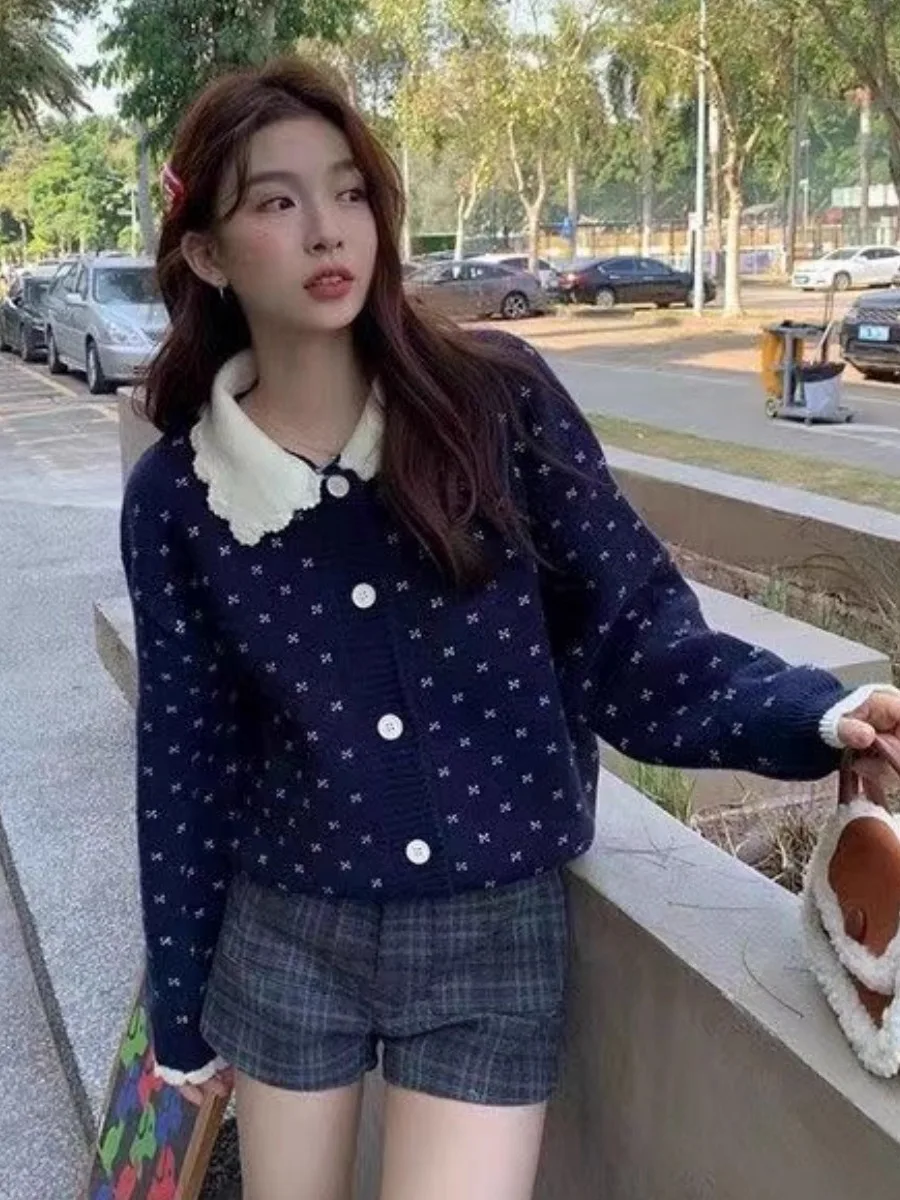 

Korean Gentle Sle Polka Dot Doll Collar Ruffle Collar Splice Sweet Small Fraance Knitted Sweater Cardigan Flounce Sve