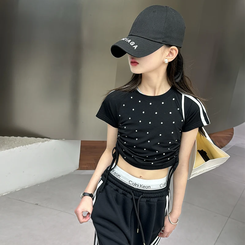 Korean High Girl\'s Fashion Set Black Hot Diamond T-shirt + Side Striped Pants Summer Set Kids Two Piece Suit Princess Clothing