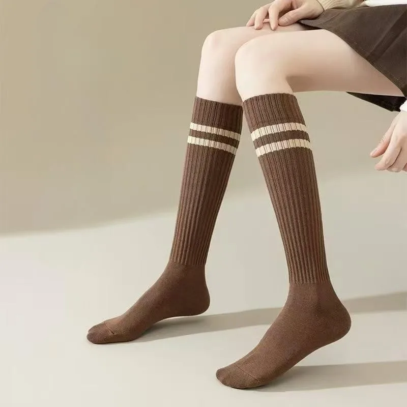 3/5 Pairs Preppy Style Striped Knee High Socks Women Daily Elastic Sports Socks Students Ribbed Compression Socks