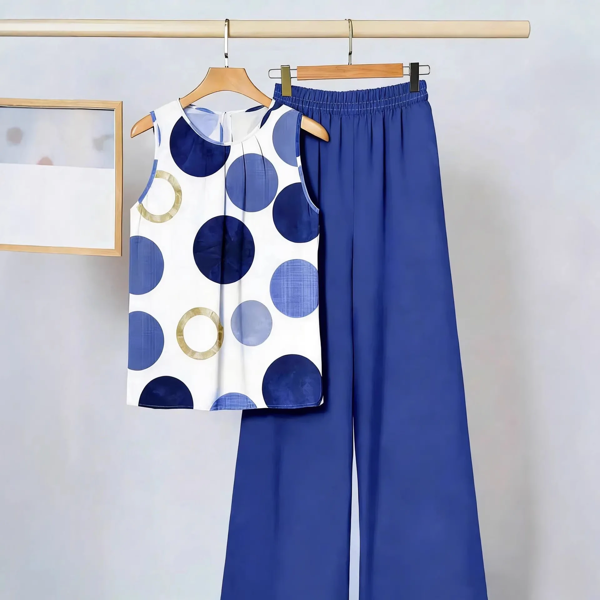 2026 Autumn Casual Women's Suit Fashionable Printed Long-sleeved Loose Top Paired With Solid Color Wide-leg Pants Two-piece Set