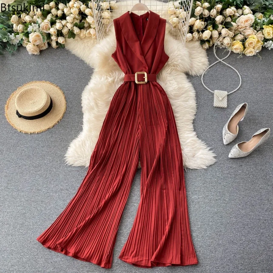 Women Retro Waist Slimming Jumpsuit Fashion Temperament Solid Color Suit Collar Flared Pants Wide Leg Jumpsuit Summer Jump Suit