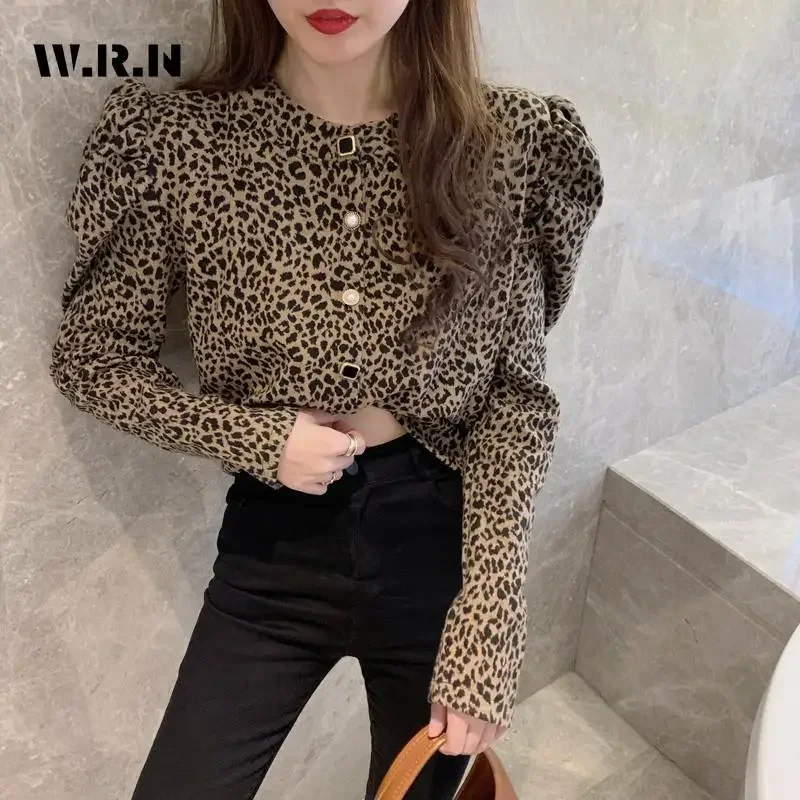 American Retro Leopard Print Round Neck Sheath Blouses 2024 Autumn Women's Casual Street Punk Long Sleeve Slim Sexy Shirts Top