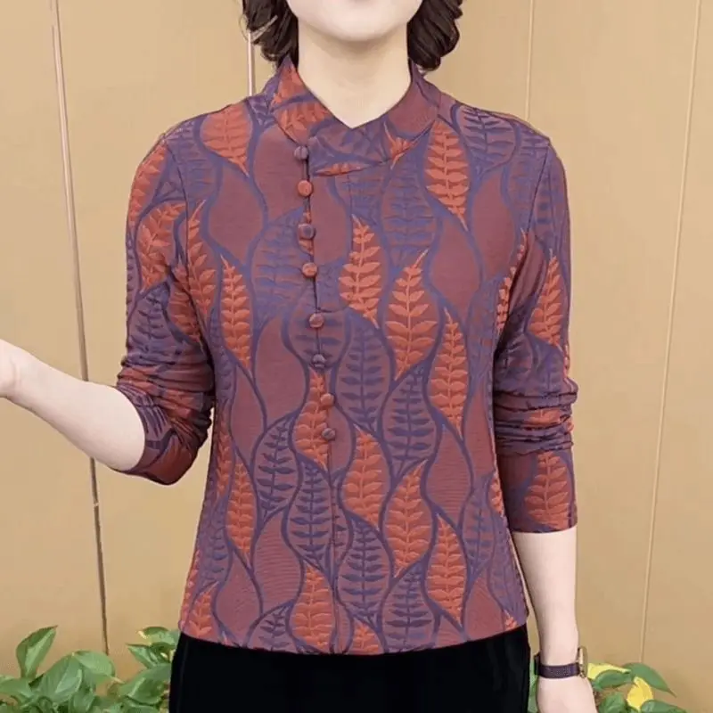 

Elegant Women Blouse With Mandarin Collar And Puff Sleeves Featuring Print Pattern And Sheer Detail For Spring And Autumn Wear