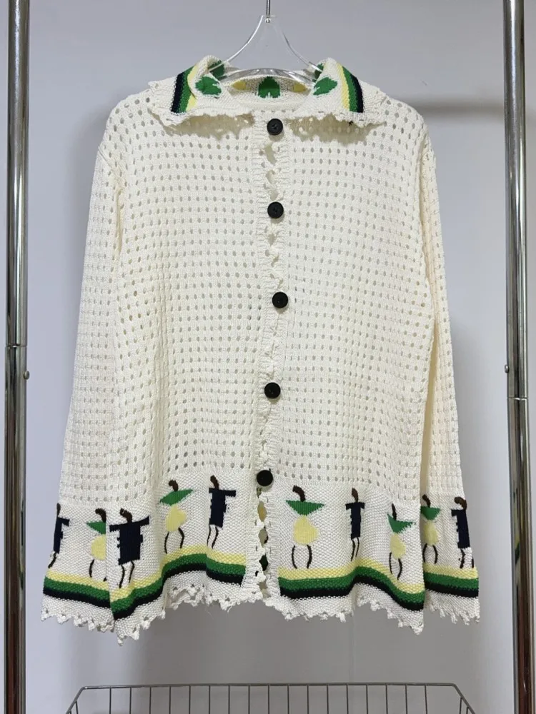 Women Loose Fit Long Sleeve Shirt Tops Shorts Two Piece Set Casual Streetwear Vintage Knitted Hollow Out Pattern Matching Sets