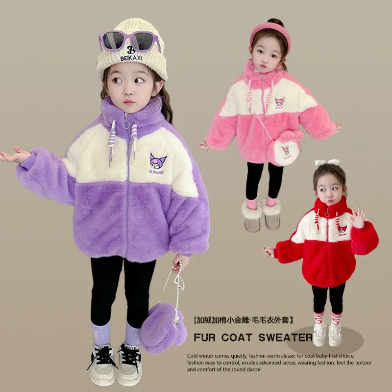 

Sweet Kuromi Anime Kawaii Sanrio Plus Fleece Coat Cute Cartoon Long Sleeve Jacket Clothing Fashion Lovely Gifts for Kids