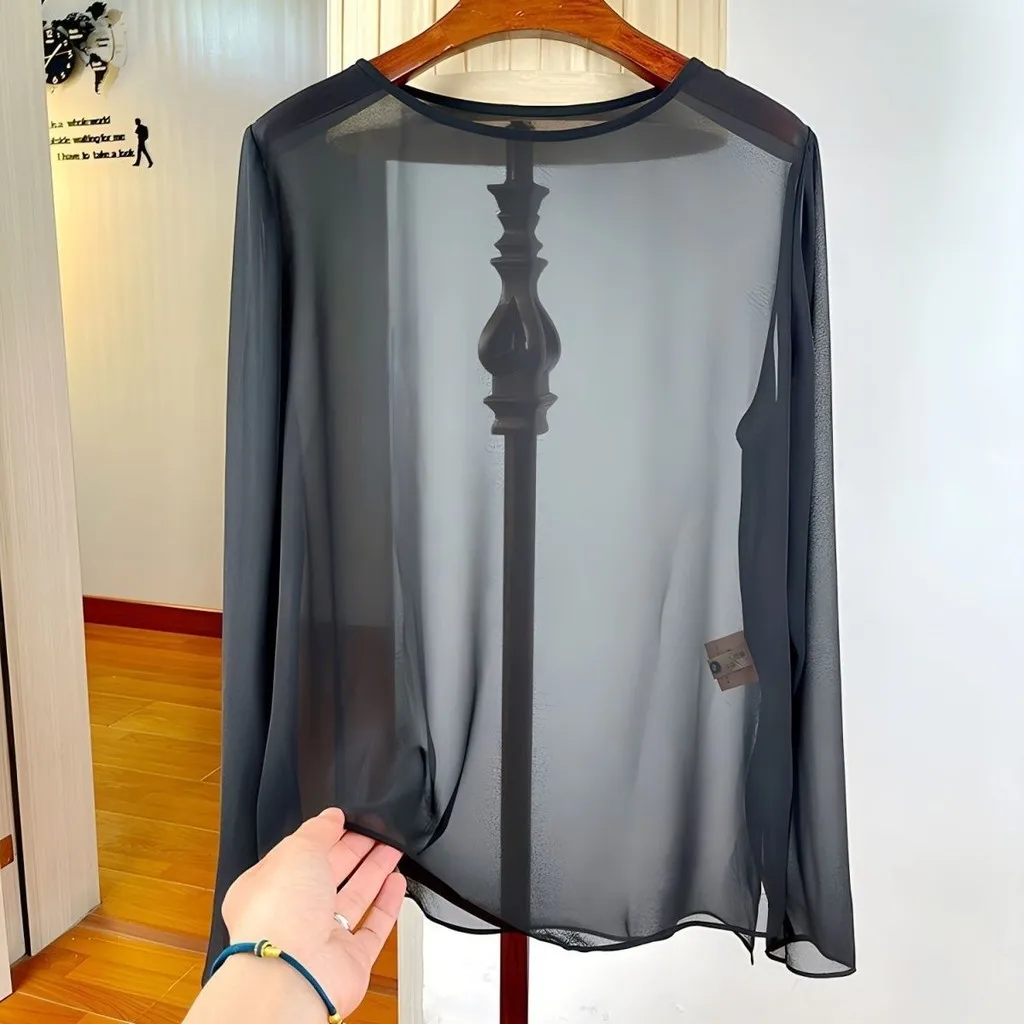 

Korean style Women girls Summer Loose Chiffon Overshirt Transparent Long Sleeve Top Sheer Beach Cover Up Sun Protection