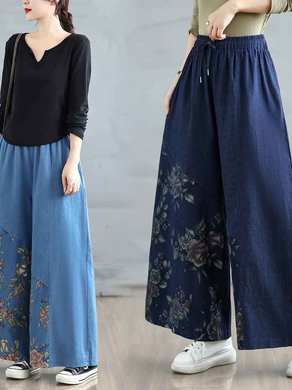 الرجعية الأزهار طباعة فضفاضة المرأة الجينز عالية الخصر مستقيم الساق عارضة السراويل تنوعا ربيع الخريف القطن البوليستر مزيج #2