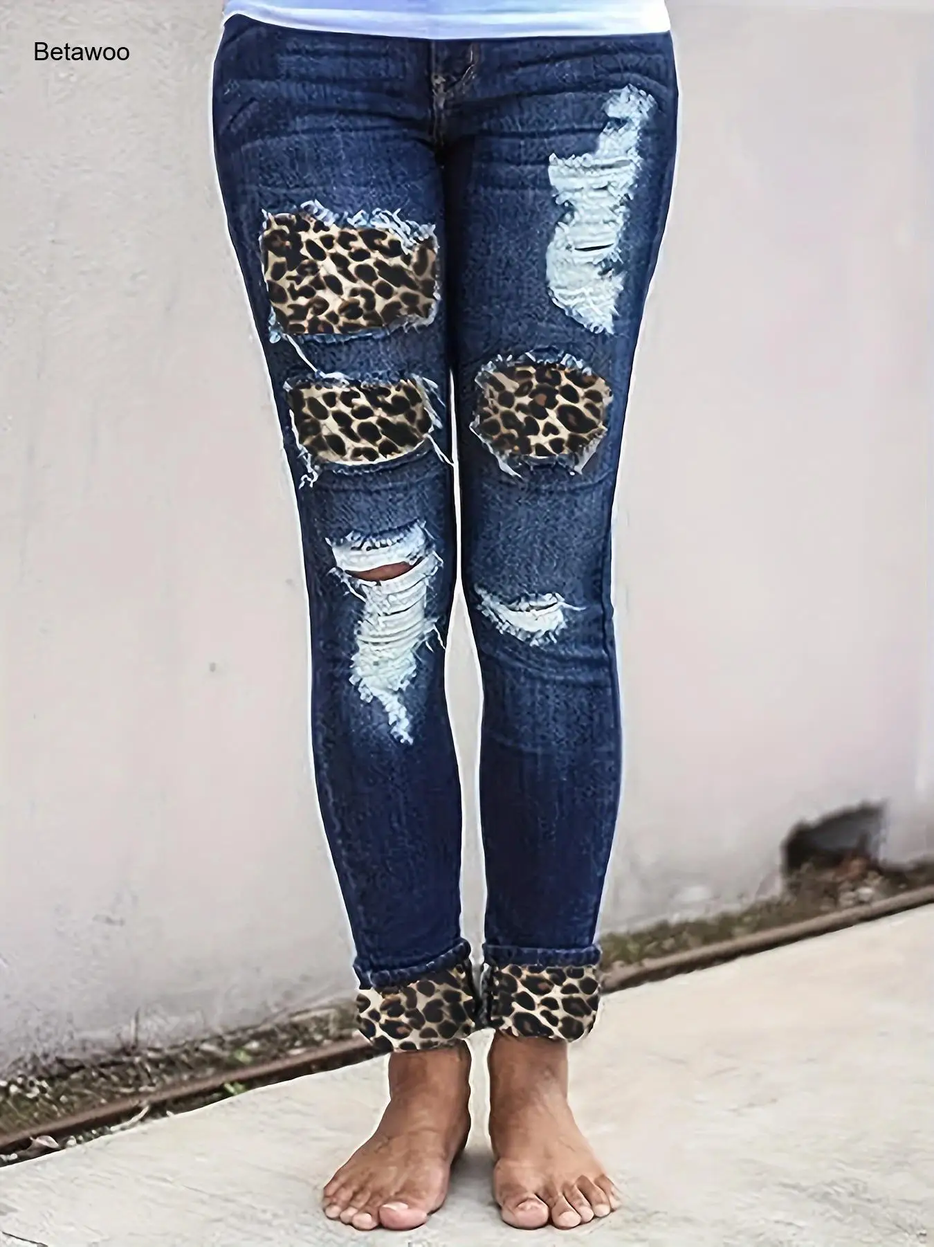 Women Dark Wash Skinny Jeans with Leopard Print Patches and Cuffed Hem Casual Streetwear Denim Pants
