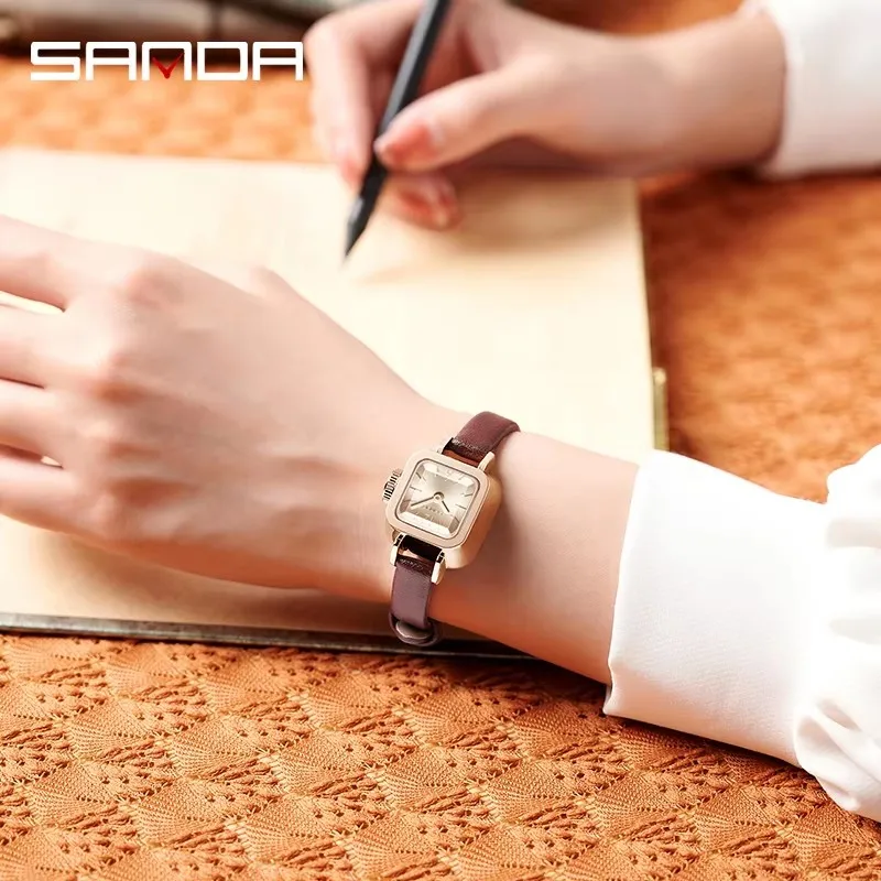 SANDA 1117 Women's Quartz Watch Square Small Dial Fashion Simple Waterproof Leather Strap Ladies Casual Wristwatch reloj mujer