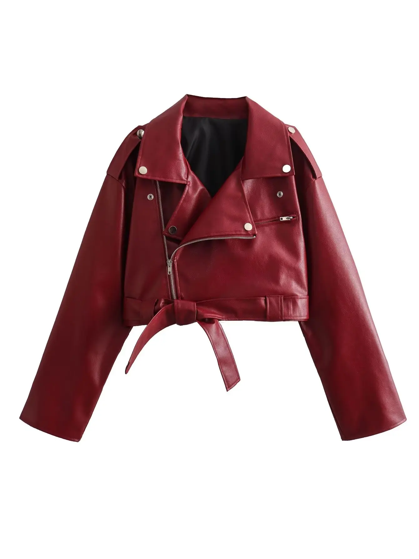 

Plus Size Women's Clothing Motorcycle Leather Jacket Red Leather Bomber And Double Lapels And Diagonal Zipper Bust 106-120CM