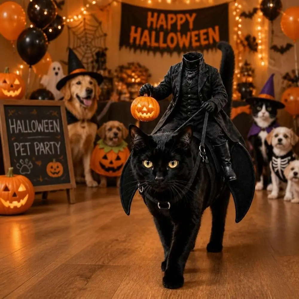 Kreatives Kopfloses Reiter-Katzenkostüm, Kürbislaterne, 3D-Katzensattel-Kostüm, Leichtes Schwarzes Katzenreiter-Kostüm für Cosplay-Events – Detail 8