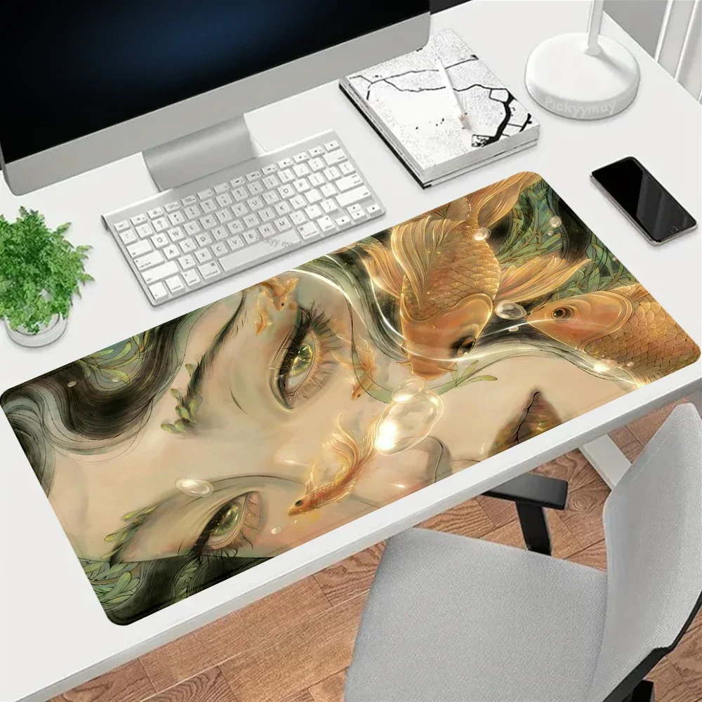 Girl Eyes Mouse Pad Large Desk Accessories Desk Pad Rubber Base with Stitched Edge Mousepad Non-Slip Deskpad for Office