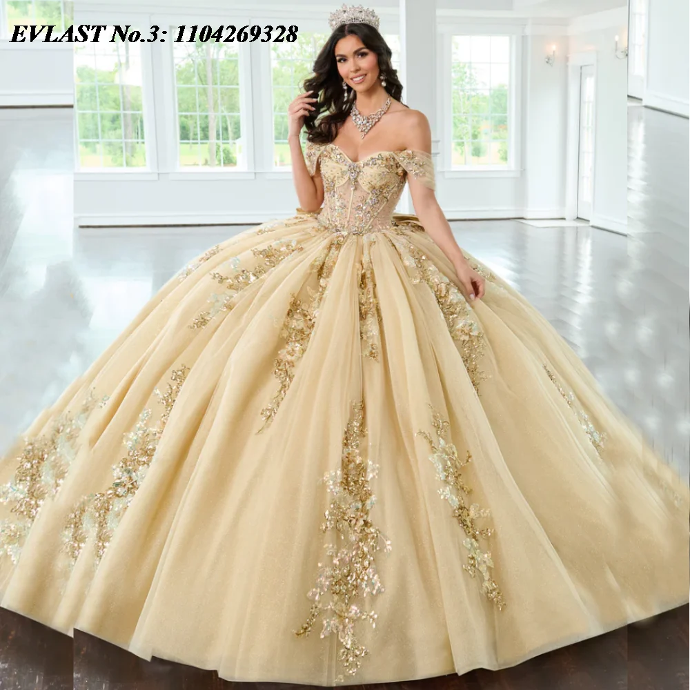 EVLAST Customized Glitter Champagne Quinceanera Dress Ball Gown Sequins Applique Beaded Bow Sweet 16 Vestido De 15 Anos E3Q442