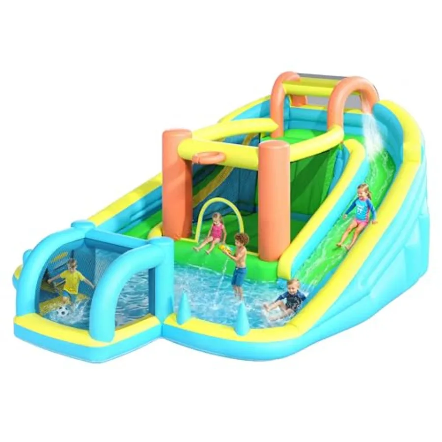 

Backyard water park inflatable bounce house for kids 3-12: PVC, blue/red, double slide, blower included, water cannon, football
