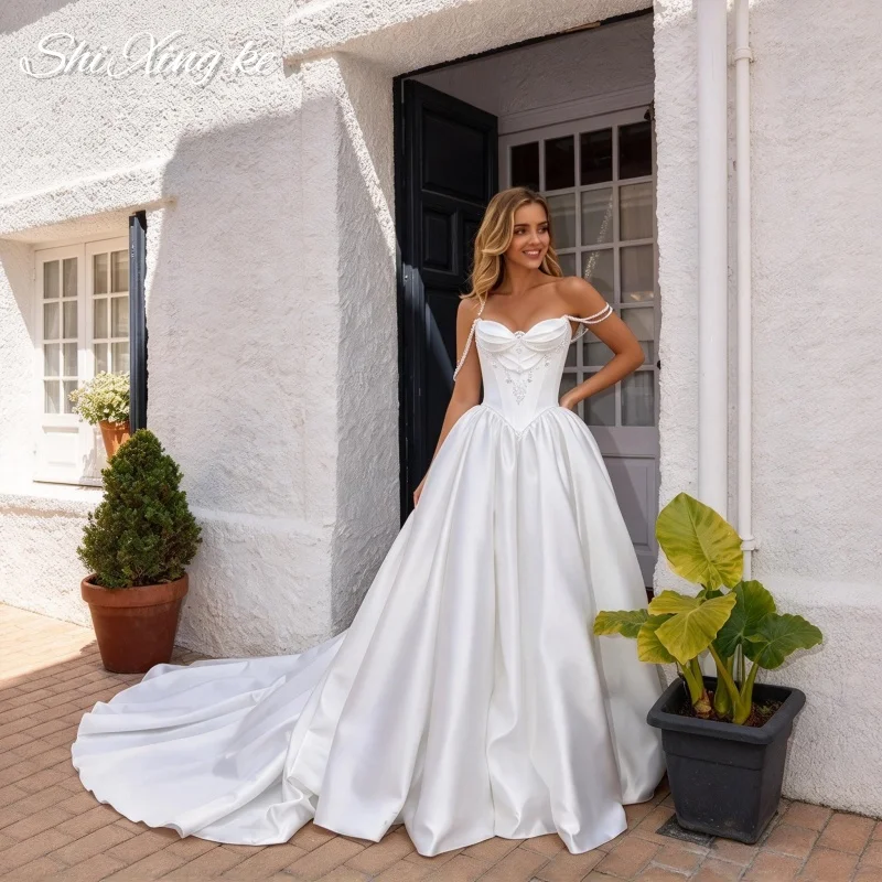 Gorgeous Sweetheart Bridal Dress Satin Princess Pearls Embellished Bodice Wedding Gown Vestidos De Novia Customized