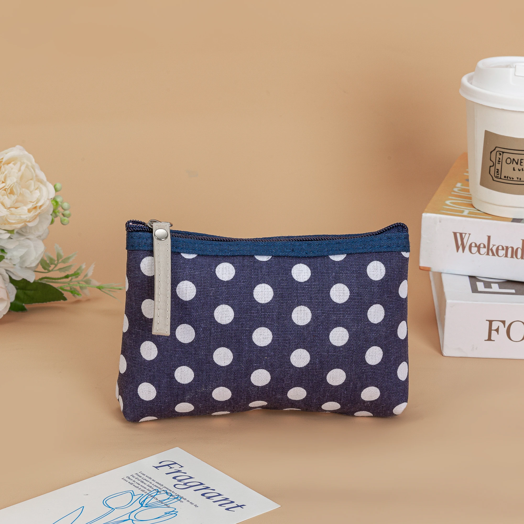 Waterproof solid color polka dot cosmetic bag student canvas coin purse cosmetic storage bag portable mobile phone bag dark blue