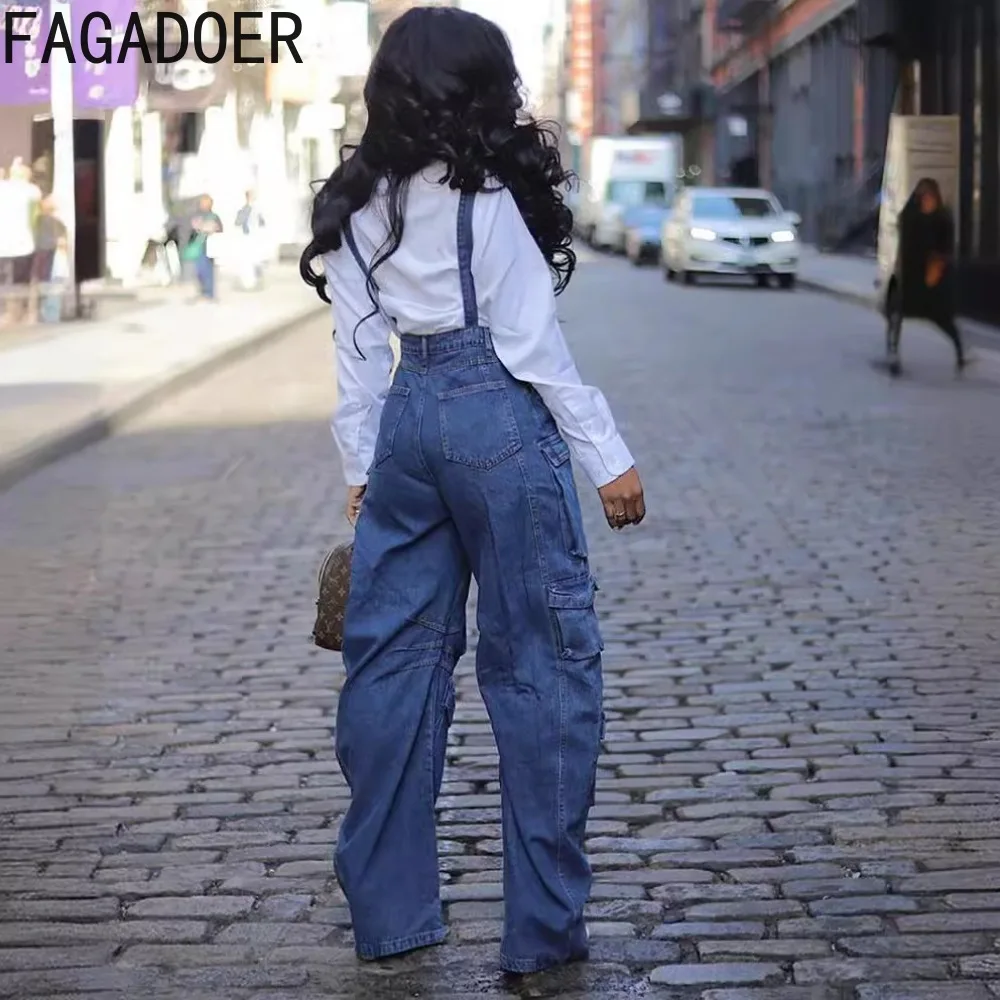 FAGADOER Fashion Strap Jeans Jumpsuits Women Strap Sleeveless Hollow Pocket Cargo Pants Playsuit Female Denim Overall Streetwear