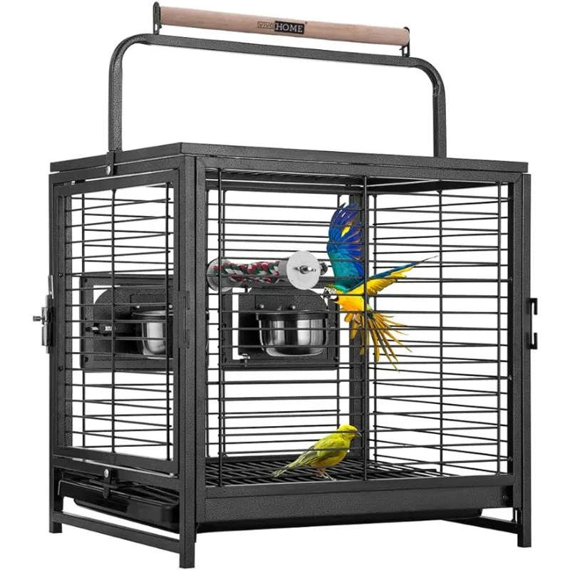 

19 Inch Wrought Iron Bird Travel Carrier Cage for Parrots Conures Lovebird Cockatiel Parakeets Black