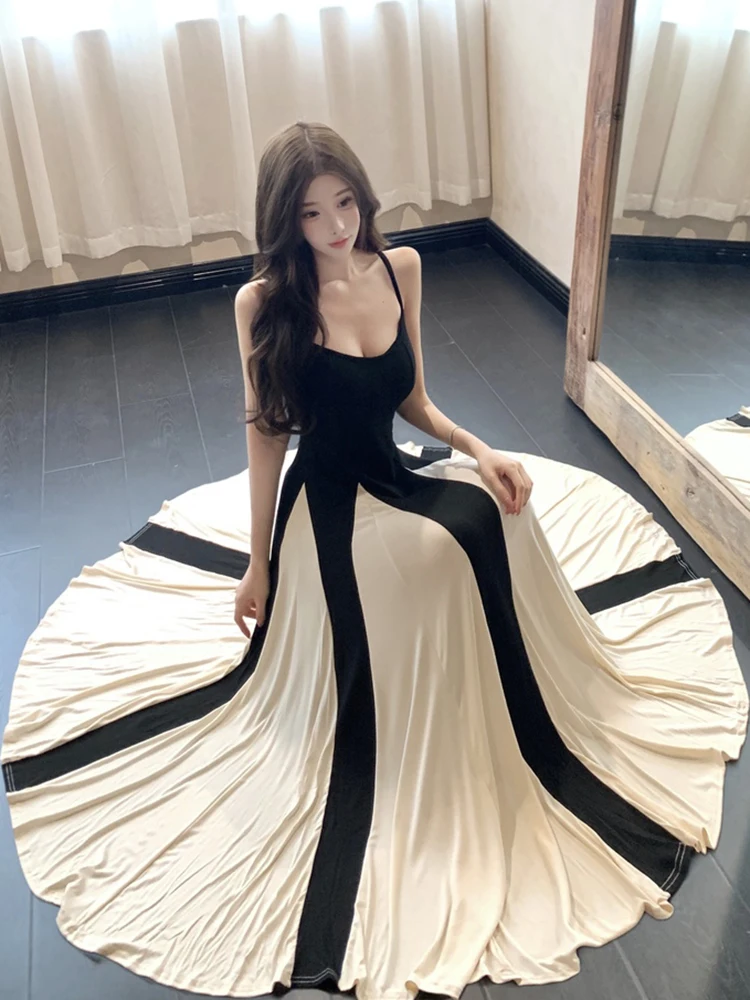 Feminino coreano vintage hepburn luxo vestido longo verão preto retalhos branco babados vestido 2025 elegante bodycon sexy estilingue vestido