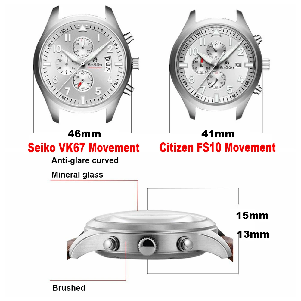 Pilot Chronograph Watch Men Military Watches 41mm Japan VK67 FS10 Chrono Quartz Wristwatches Air Force Luminous Clock BAOLILONG