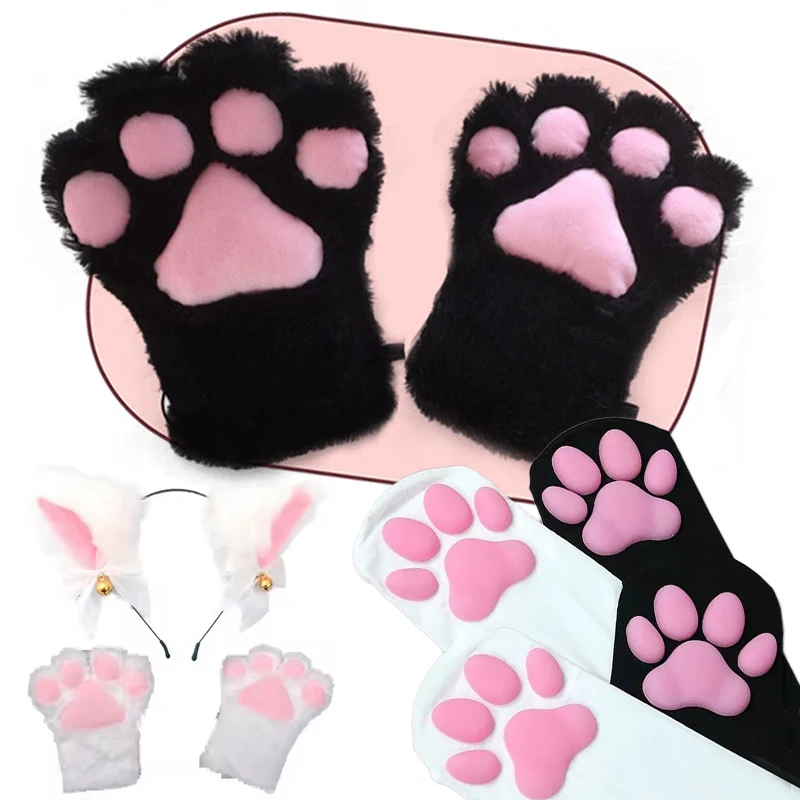 1set Lovely Cat Ear Hairband Claw Gloves Girls Anime Cosplay Costume Plush Cat Fur Ear Stocking Night Party Club Headbands