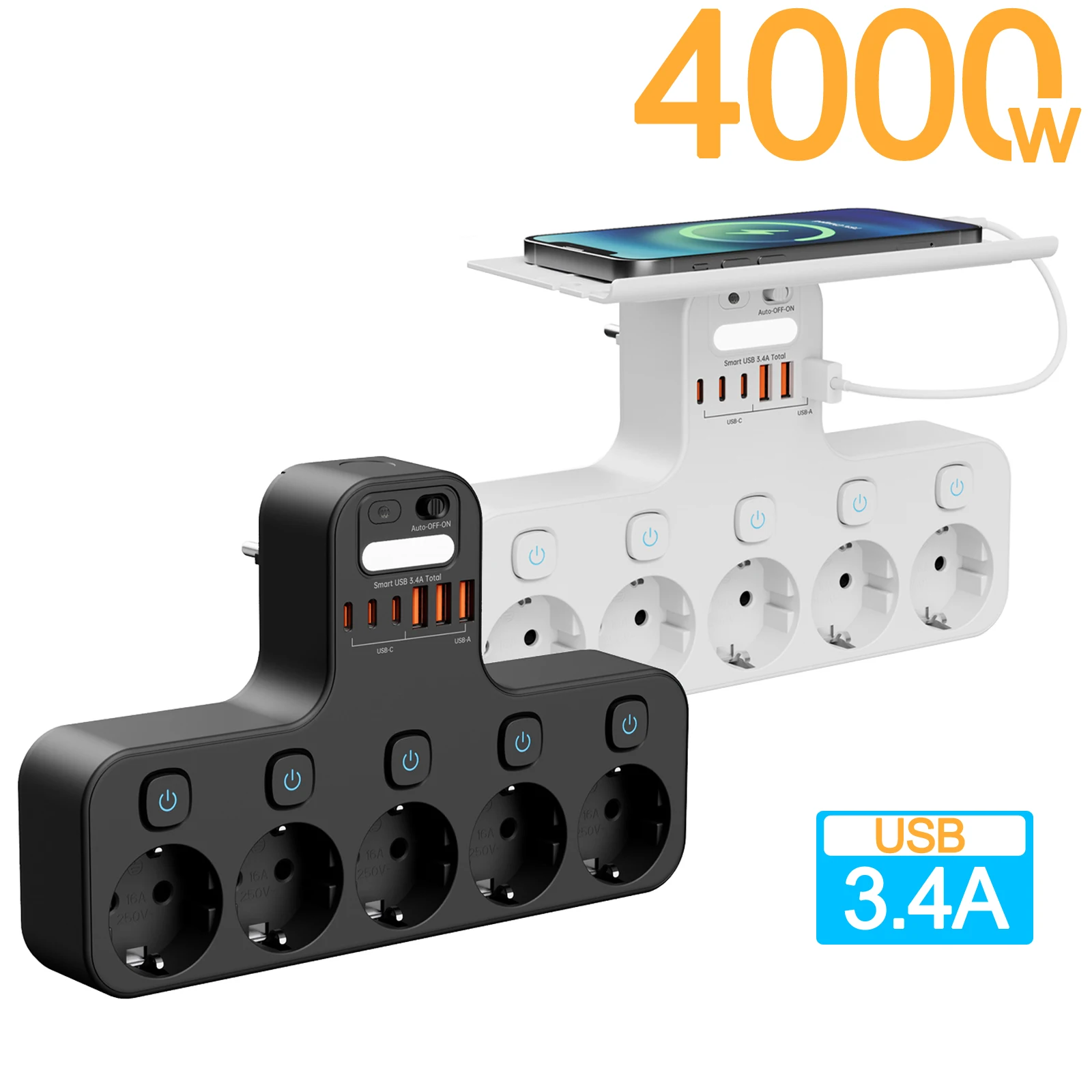Eu Ac Plug 4000W Independent Switch Wall Mounted Power Strip Outlet Detachable Storage Rack Tray with Night Light USB C Ports