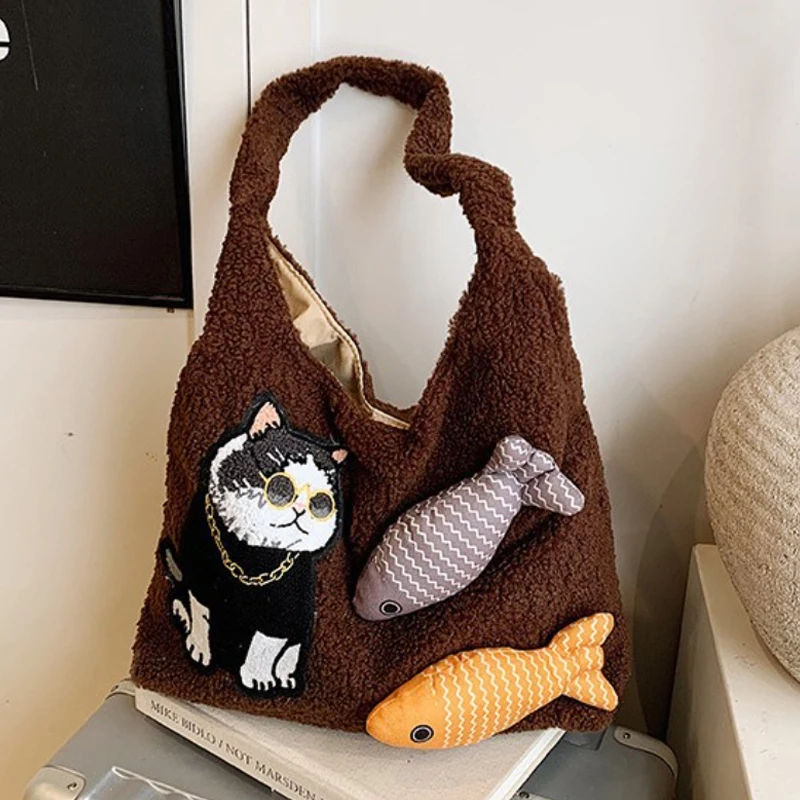 

Plush Shoulder Bag,Cute Cat And Fish Fuzzy Effortless Tote Bag,Women Large Capacity Commuter Everyday Contrast Color Handbag