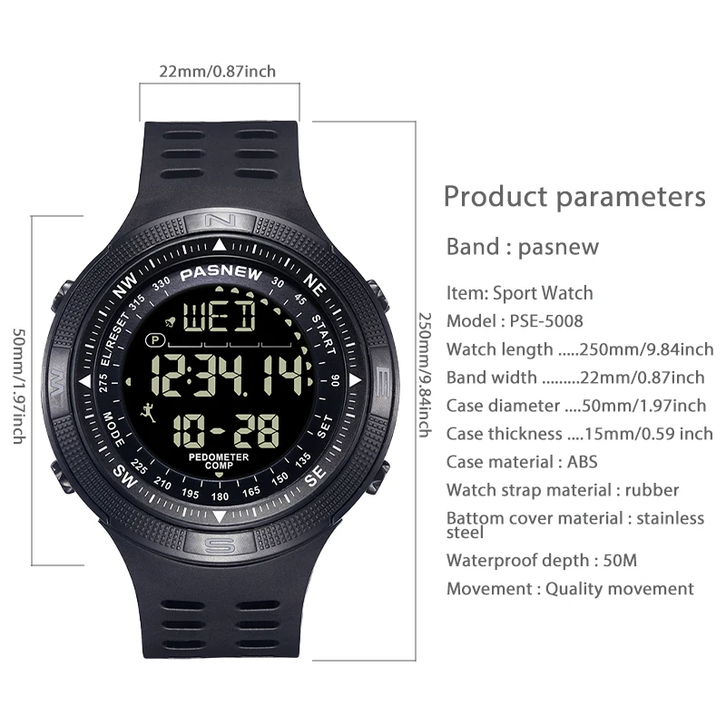 متعددة الوظائف الرياضة ساعة للرجال ، البوصلة الرقمية الكبيرة ، ساعة اليد الإلكترونية ، الصبي العودة التوجيه ، مقاوم للماء ساعة اليد العسكرية