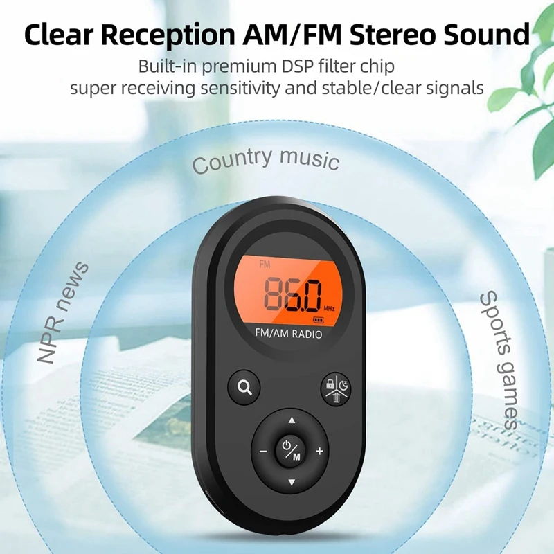 ●Personal Pocket Radio AM/FM Rechargeable Radio with Long Battery Life, Stereo Headphones, Sleep Timer