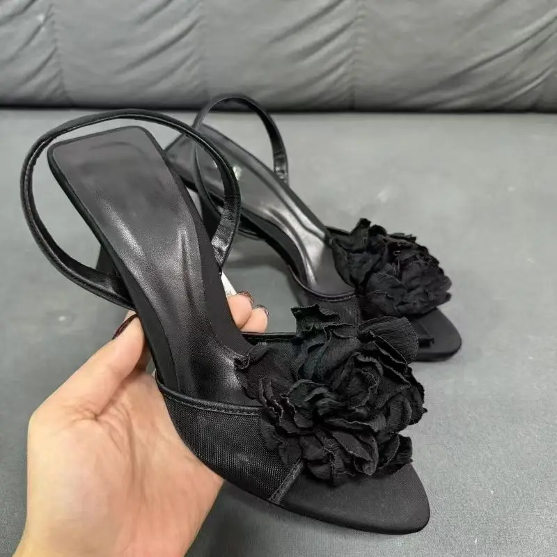 TRAF Women Black Flower Peep Toe High Heeled Sandals Chic Mesh Slingback Heels 2024 Elegant Lady Office Casual High Heeled Pumps