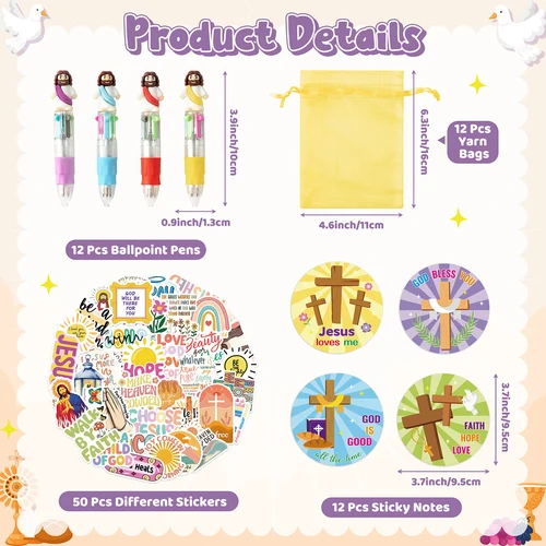 Imagen 2 del producto Regalo de papelería religiosa de Jesús, juego de 12 bolígrafos de Jesús 4 en 1, pegatina, bolsa de hilo de notas adhesivas para rellenos de bolsas de regalos de fiesta