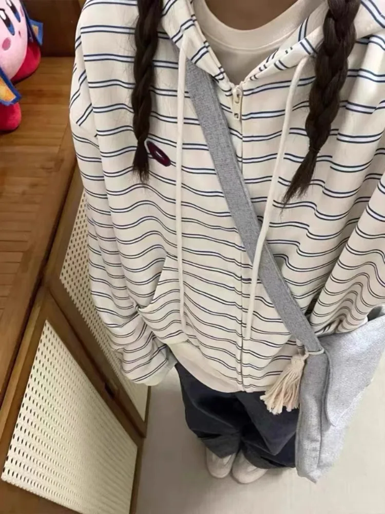 Deeptown Vintage Striped Sweatshirts Women Oversized Casual Korean Style White Zipper Hoodies Harajuku Fashion Hooded Sweatshirt