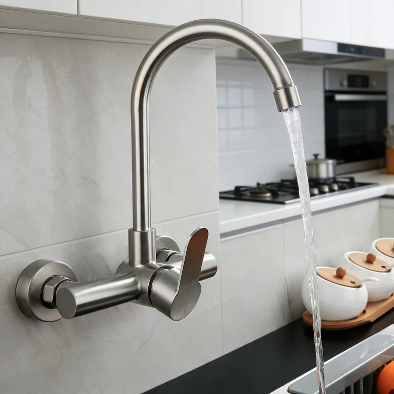 Stainless Steel Kitchen Faucet with Sprayer Double Hole Wall Mount Rotating Balcony Cold And Hot Water Tap Torneiras De Cozinha