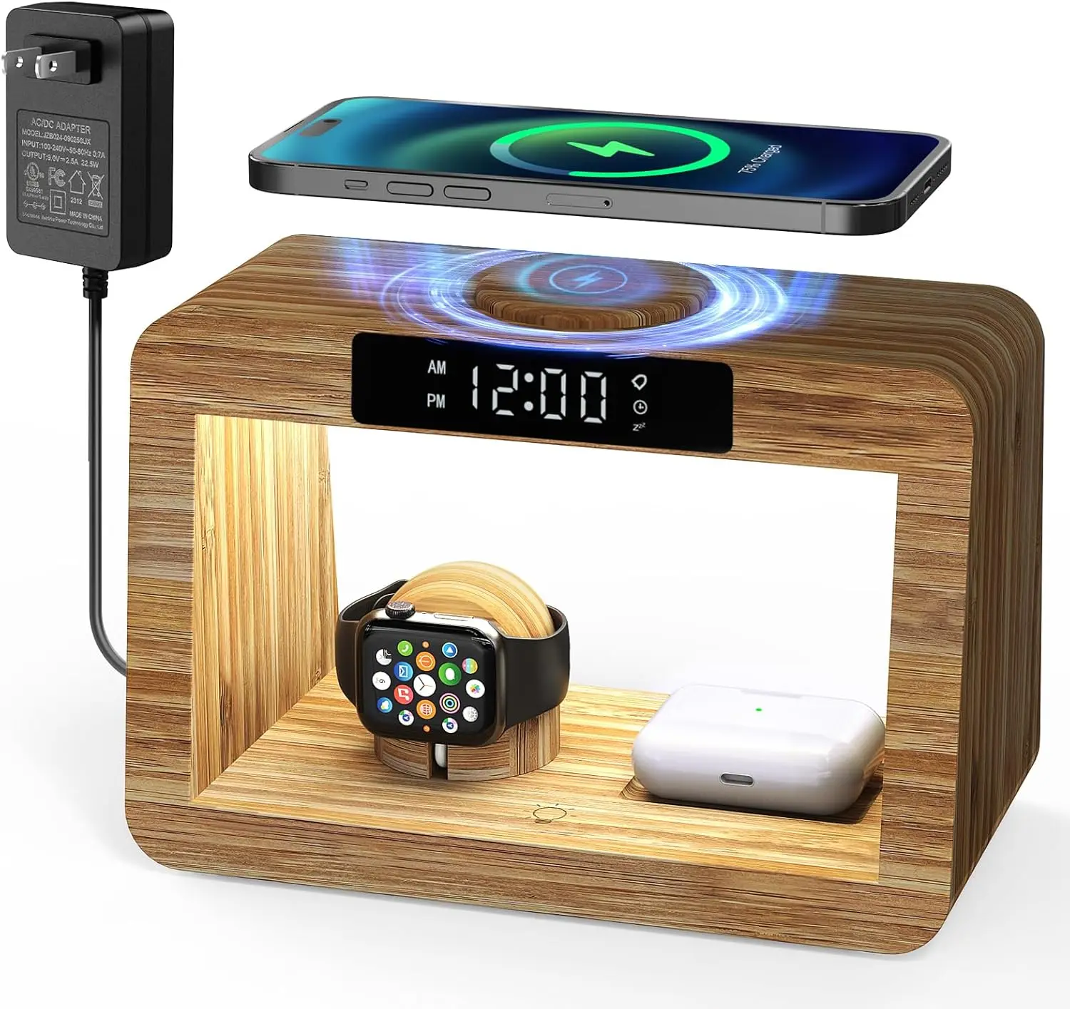

3-in-1 Bamboo Wireless Charging Station with Alarm Clock & Night Light for iPhone, AirPods, Apple Watch