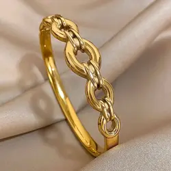 316L Stainless Steel Gold Plated Cuff Bangle Bracelets for Women Hollow Circle Link Geometric Waterproof Wristband Jewelry