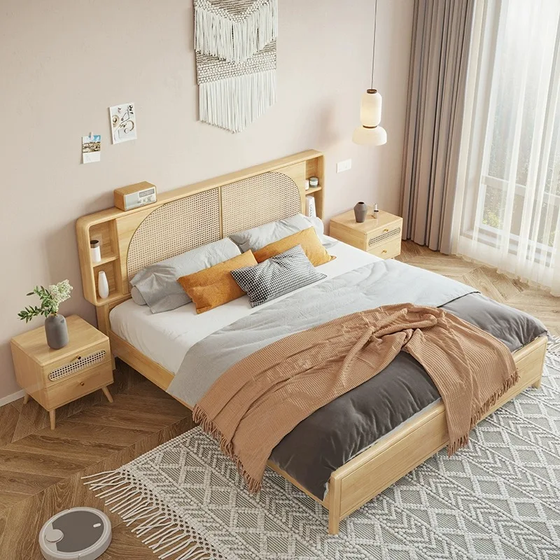 سرير من الخشب الصلب البسيط من الخيزران، سرير مزدوج، غرفة نوم رئيسية، سرير وابي ساندي ويند للإفطار