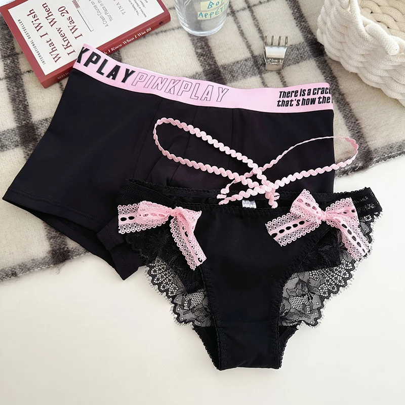 Lolita Couple Panties Black Pink Bow Strap Couple Underwear One Male And One Female Sexy Pure Cotton 2024 New Style