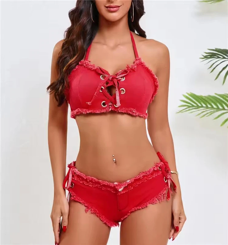 Sommerliche sexy Denim-Strandkleidung, zweiteilige Sets für Damen, Neckholder-Jeans-Crop-Top mit Schnürung und Shorts, Club-Tanz-Outfits, Performance-Kleidung – Detail 11