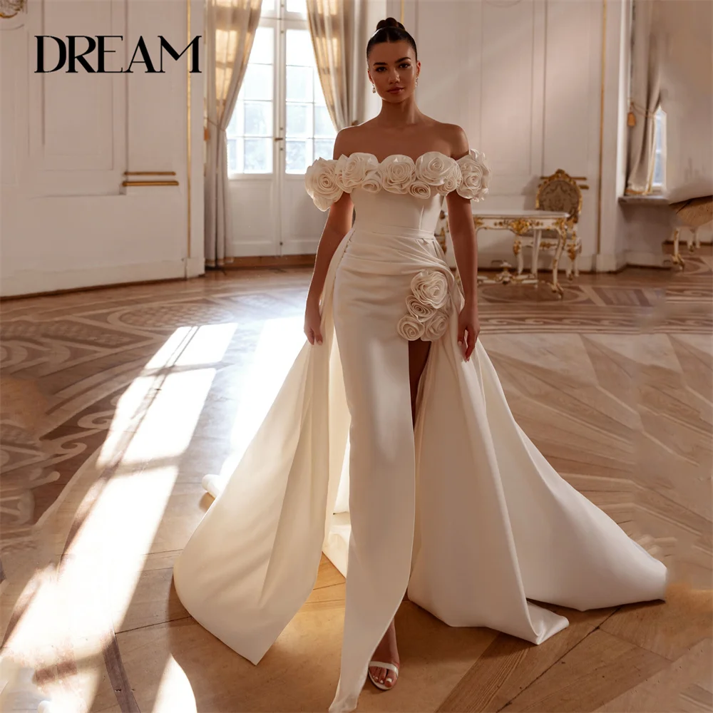 

DREAM Flowers Mermaid Wedding Dress 2025 Off The Shoulder High Side Split Lace-up Pleat Bridal Gown Vestidos De Novia Customized