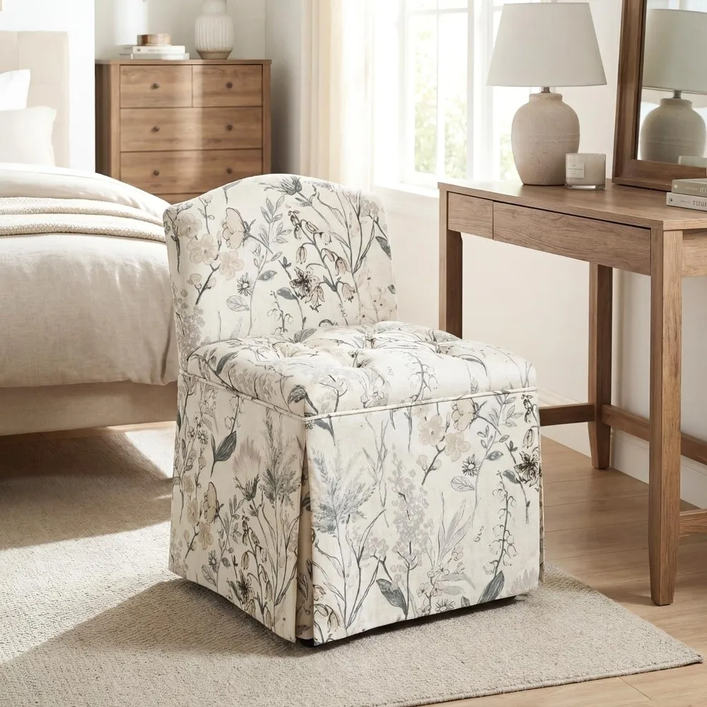 Floral Pattern Makeup Vanity Chair with Back & Wheels