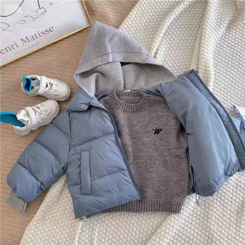 2024 nuovo inverno bambino bambino ragazzo stile coreano lavorato a maglia Patchwork giacca con cappuccio cappotto addensare abbigliamento Outdoor