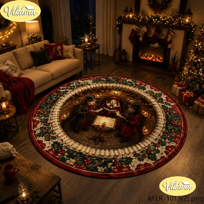 VIKAMA 3D Nutcracker Soldier Round Rug Flannel Non Slip Circular Carpet Gift Walnut Lantern Pattern Living Room Floor Mat Xmas