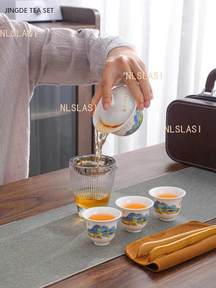 Leather Storage Box Teaware Set Exquisite Travel Tea Set Ceramic Gaiwan Quick Cup Outdoor Portable Custom Beauty Tea Infuser