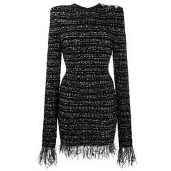 S-XL High Quality Fashion New Stripe Elastic tweed Fabric Round Neck Long Sleeve Fringe Lace Slim Casual Women's Dress