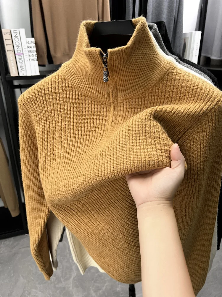 

High quality half zipper high neck men knitted sweater classic versatile solid color comfort warm autumn winter fashion pullover