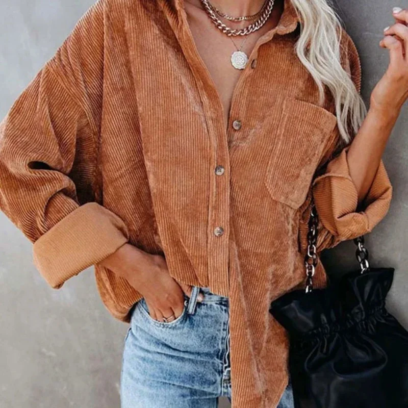 

Pop 2025 Winter Clothes Women Corduroy Long Sleeve Casual Shirt Button Women Coat Fashion Overshirt Loose Comfortable Coat Fema