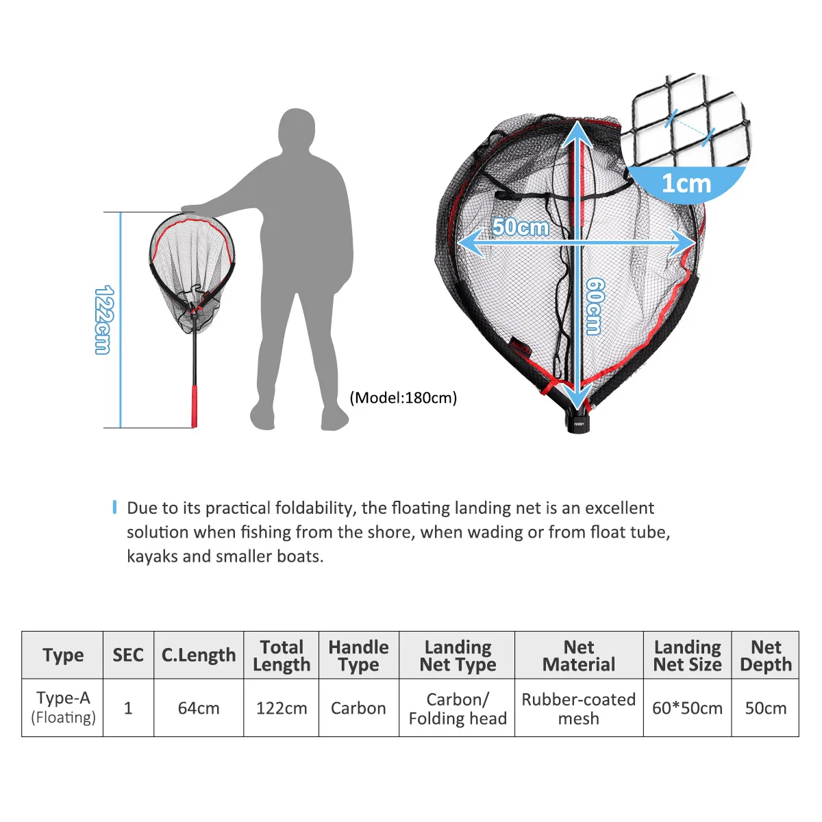 Noeby-Float Tube Landing Net, Folding Net, Carbon Handle Net, 60cm * 50cm, Total 122cm Floating Nets, Pike Big Fish Tackles