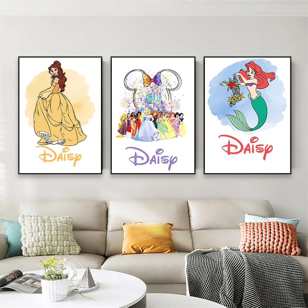 Disney Princess personalised Name Poster Aerial Belle Wall Art Print Cinderella Custom Name Canvas Painting Home Bedroom Decor