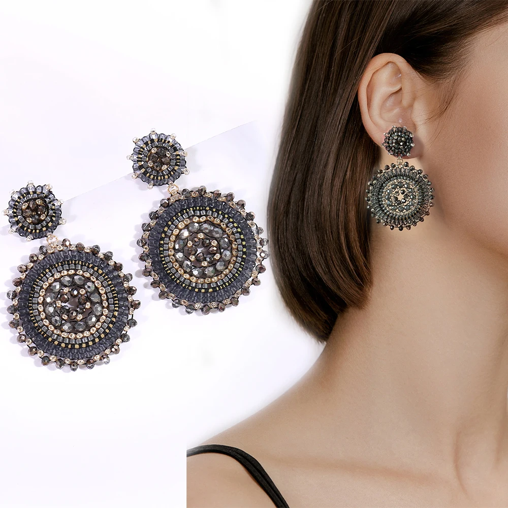 Colorful Seed Beads Round Woven Earrings for Women Luxury Boho Handmade Crystal Big Dangle Earrings Bohemian Jewelry Gifts view 6
